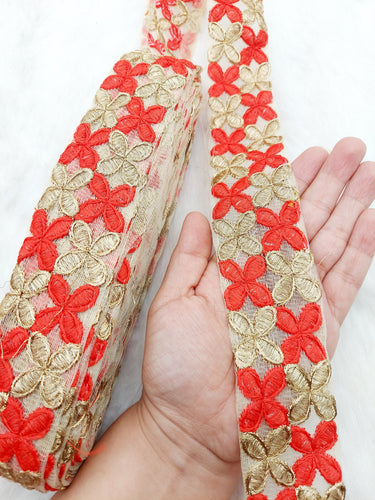 Beige Net Fabric Trim With Gold Embroidery, Floral Embroidery, Available in 6 Colours